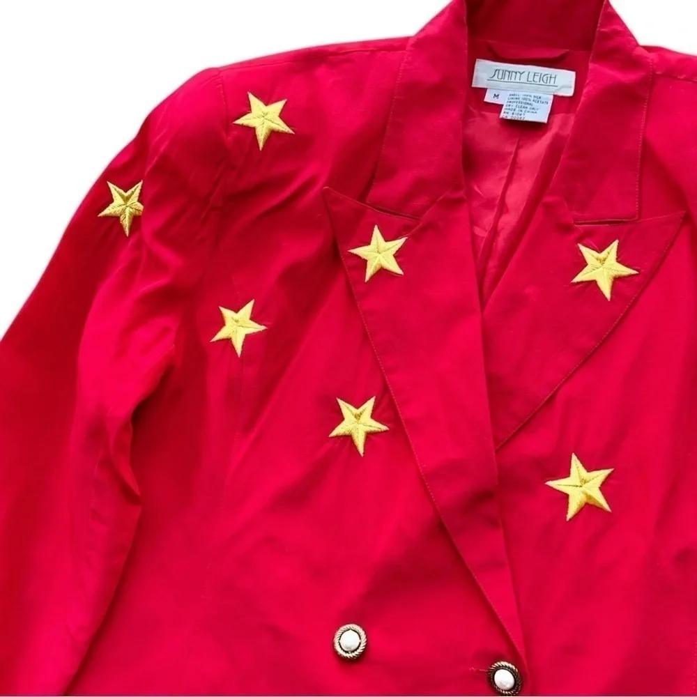 Vtg Sunny Leigh Silk Embroidered Star Blazer Jacket Red Gold Art Wear Size M - Picture 3 of 9